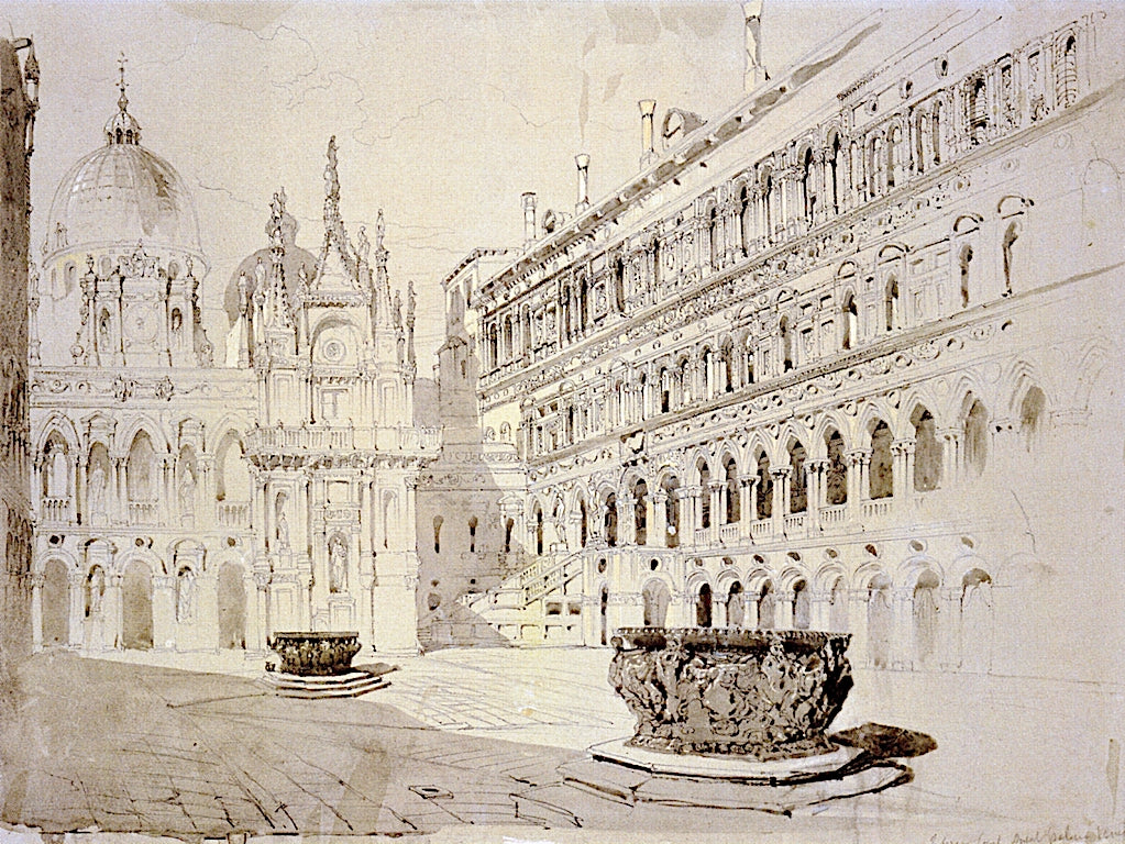 Court of the Ducal Palace Venice, vintage artwork by John Ruskin, A3 (16x12") Poster Print