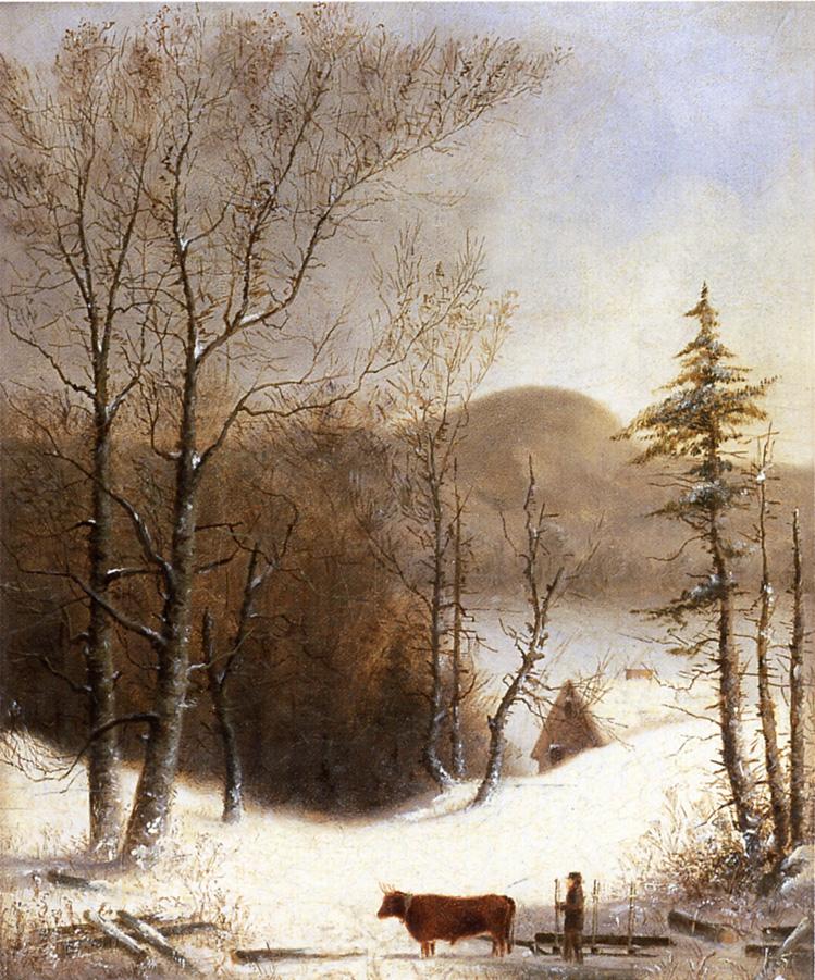 Winter Landscape with Log Cart, vintage artwork by George Henry Durrie, A3 (16x12") Poster Print