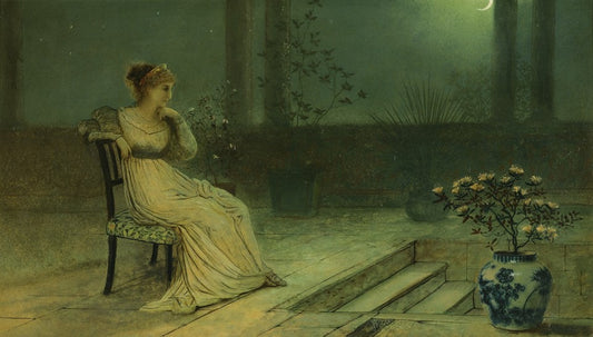 A classical maiden seated on a terrace by  moonlight, vintage artwork by John Atkinson Grimshaw, 12x8" (A4) Poster