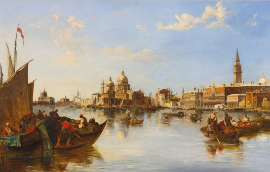 Gondolas and Fishing Boats at the Mouth of the Grand Canal, Venice, vintage artwork by Edward Pritchett, A3 (16x12") Poster Print
