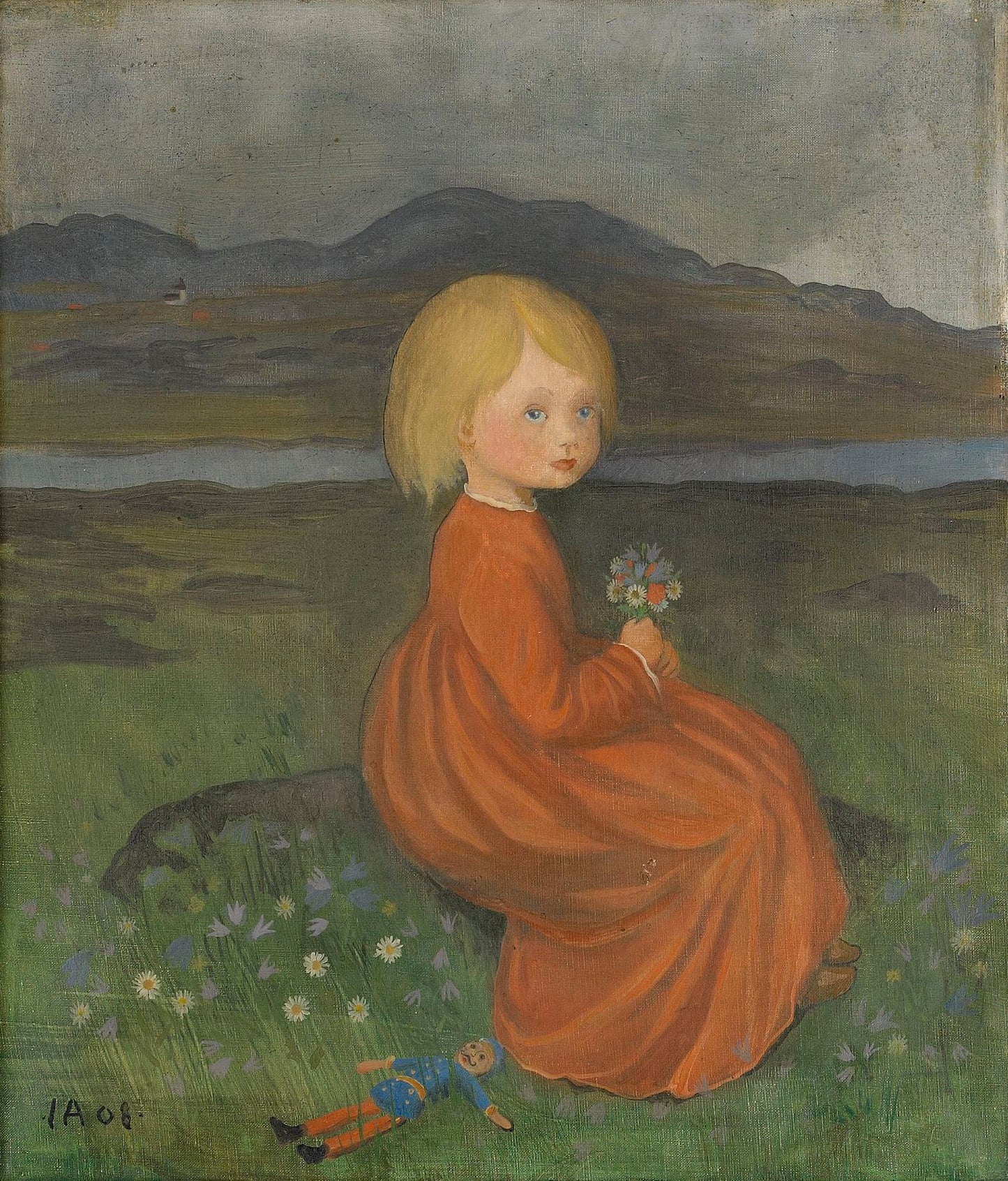 Lillian in the Meadow, vintage artwork by Ivar Arosenius, 12x8" (A4) Poster
