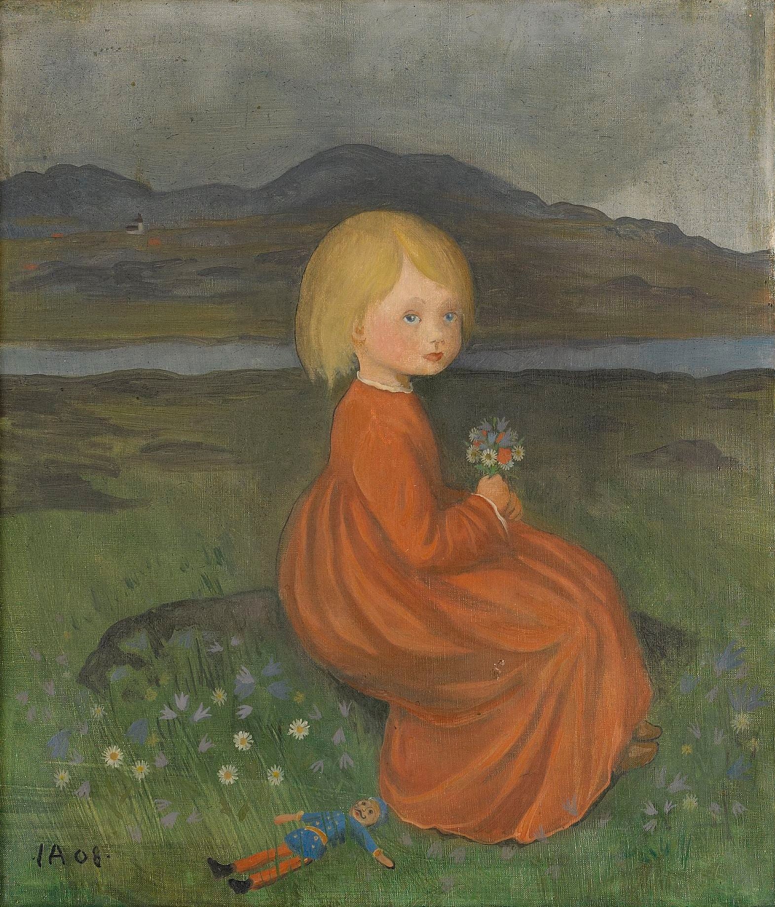 Lillian in the Meadow, vintage artwork by Ivar Arosenius, 12x8" (A4) Poster