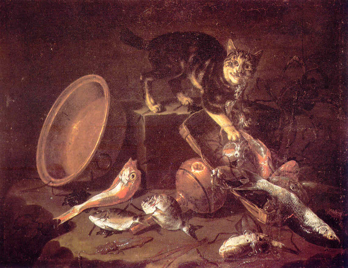 Cat with Fish, vintage artwork by Giuseppe Recco, 12x8" (A4) Poster