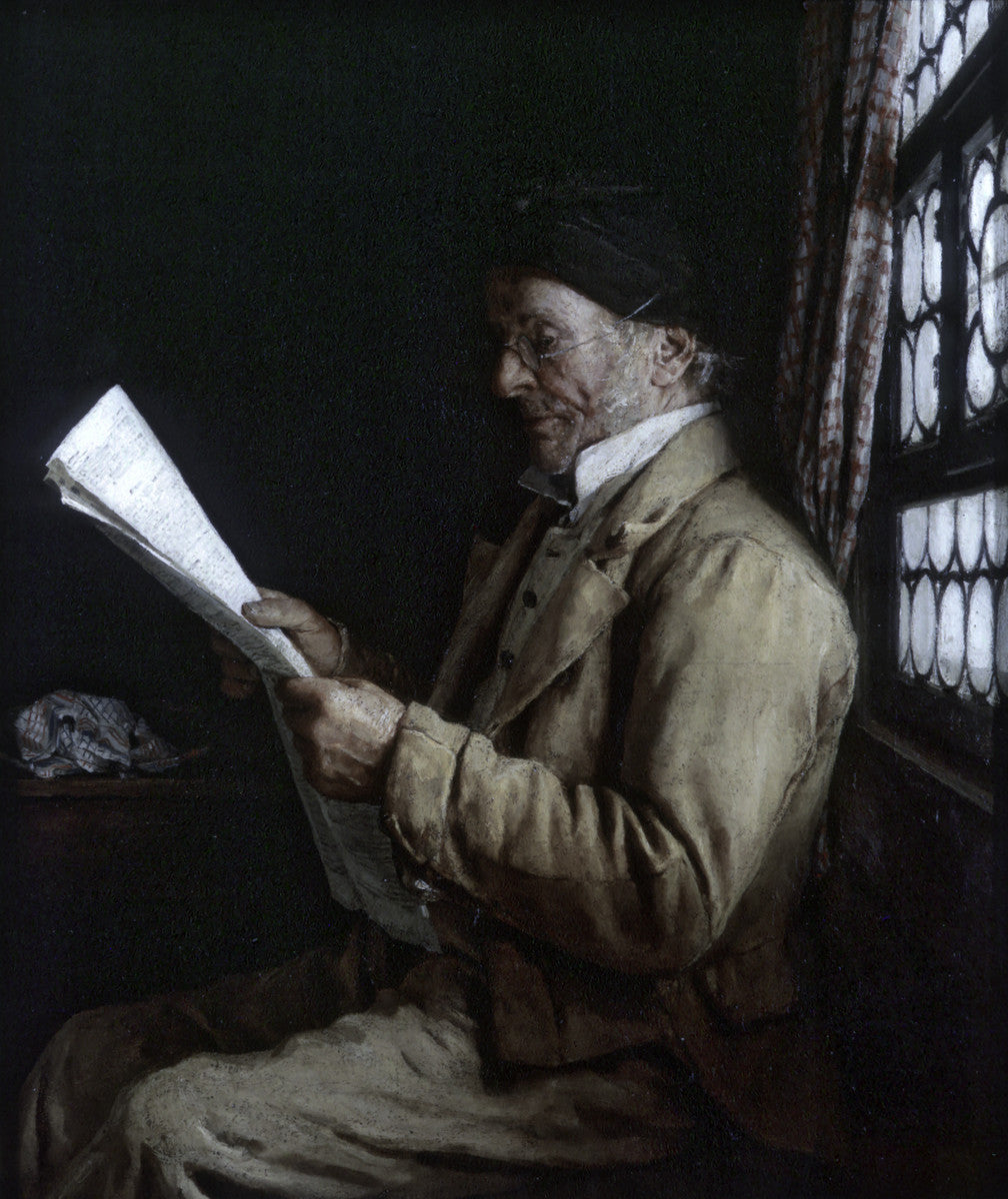 Bauer Reading the Newspaper, vintage artwork by Albert Anker, 12x8" (A4) Poster