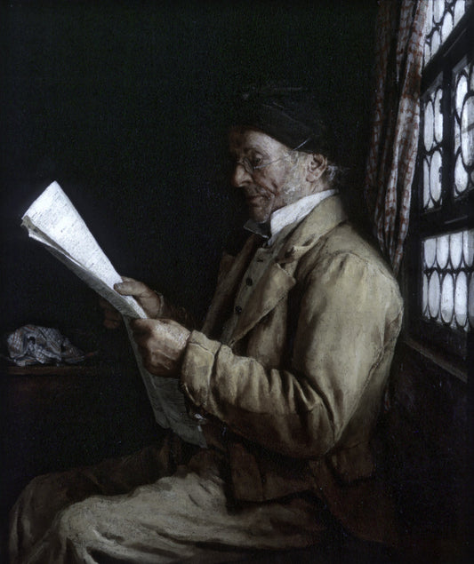 Bauer Reading the Newspaper, vintage artwork by Albert Anker, 12x8" (A4) Poster