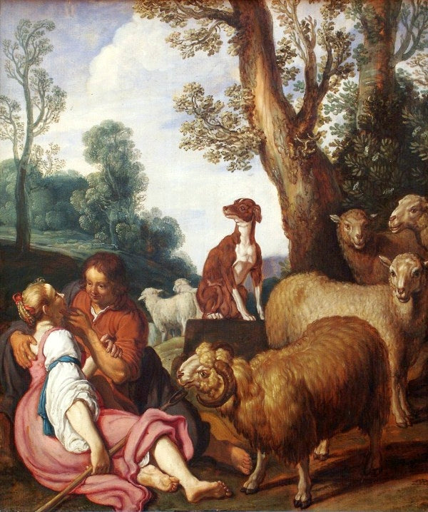 Pastoral Scene (Granida and Daifilo), vintage artwork by Pieter Lastman, 12x8