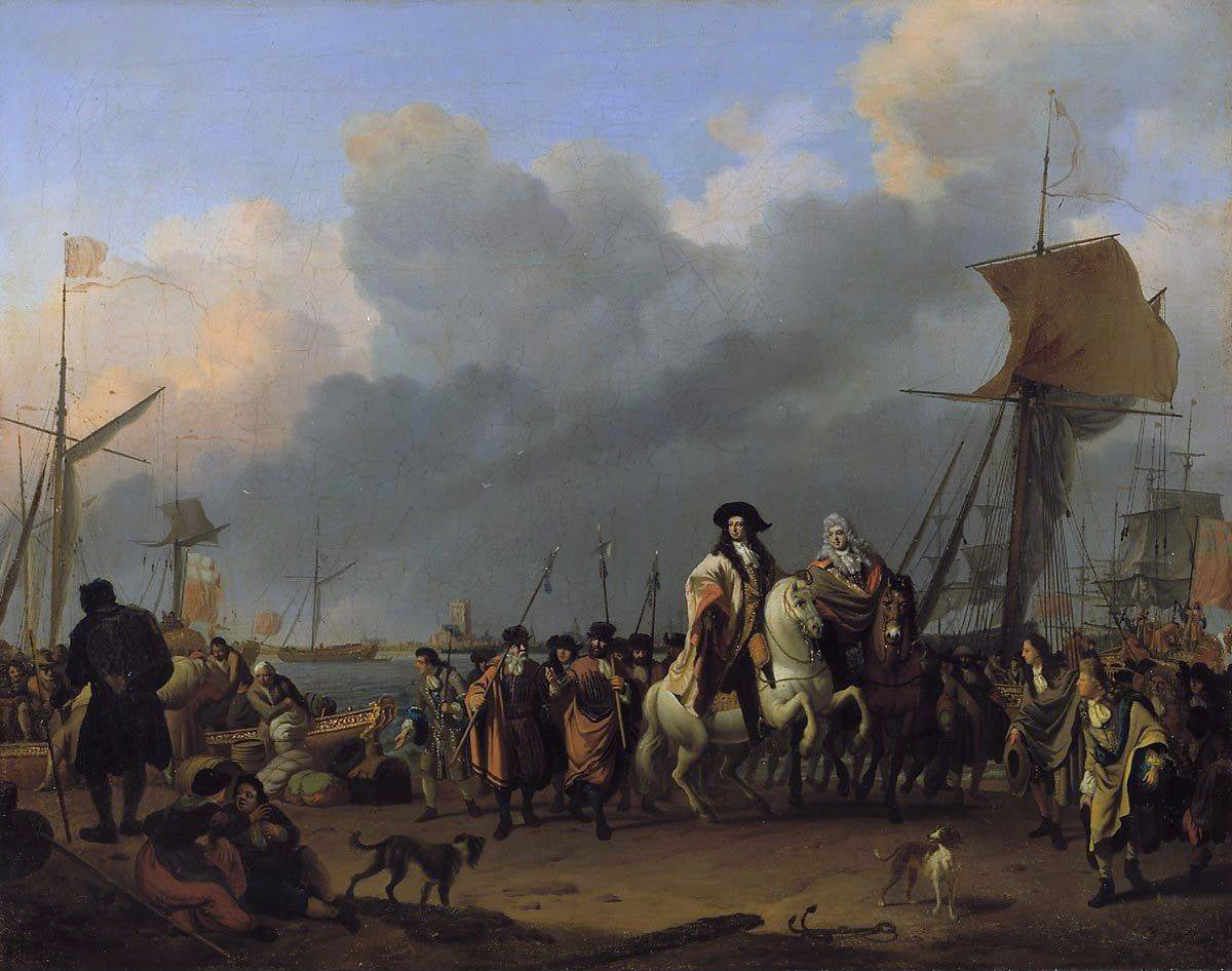 The Arrival of King-Stadholder Willem III in the Oranjepolder, 31 January 1691, vintage artwork by Ludolf Backhuysen, 12x8" (A4) Poster