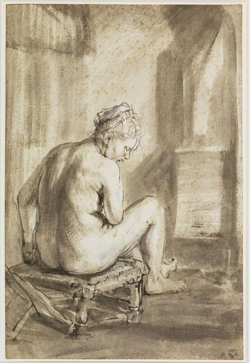 Seated Female Nude near a Stove, vintage artwork by Aert de Gelder, 12x8" (A4) Poster