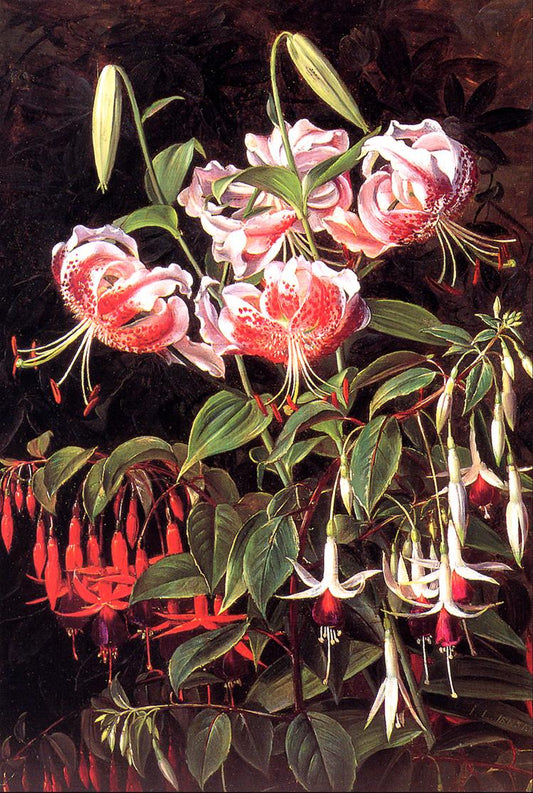 Red lilies and fuchsia, vintage artwork by Johan Laurentz (J.L.) Jensen, A3 (16x12") Poster Print
