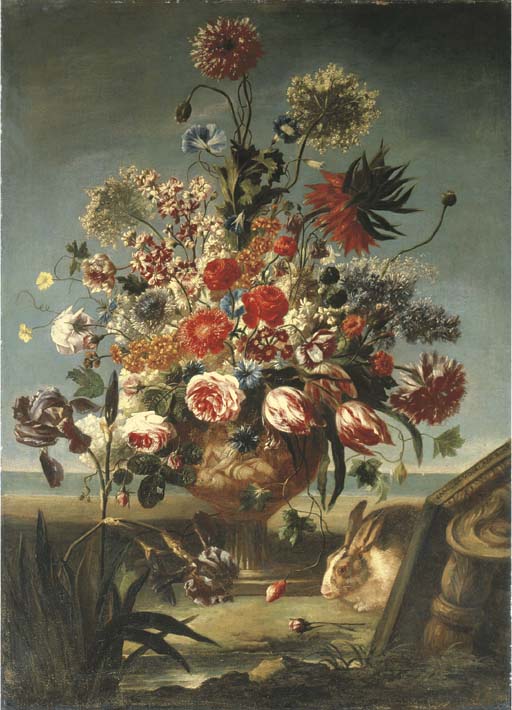 Flowers in a vase with rabbit, vintage artwork by Carel de Vogelaer, 12x8" (A4) Poster