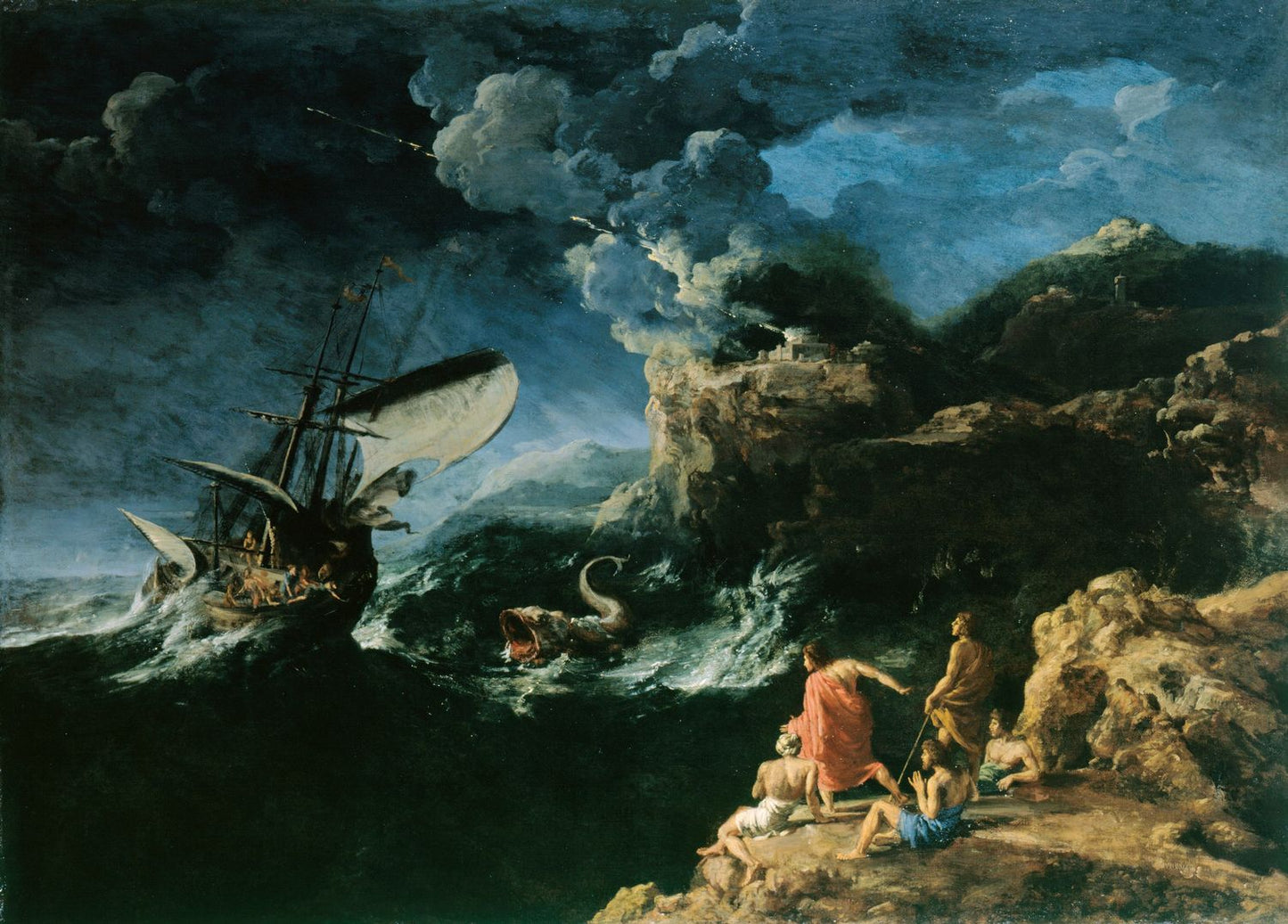 Seascape with Jonah and the Whale, vintage artwork by Gaspard Dughet, 12x8" (A4) Poster