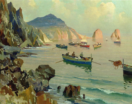 Boats in a Rocky Cove, vintage artwork by Edward Henry Potthast, 12x8" (A4) Poster