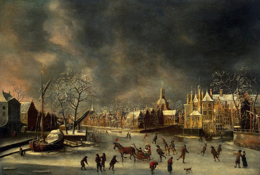 Winter View of Leyden, vintage artwork by Jan Abrahamsz Beerstraten, 12x8" (A4) Poster