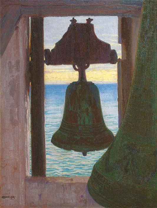 Bell Tower by  the Edge of the Sea, vintage artwork by Edward Okuń, 12x8" (A4) Poster