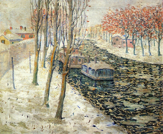 Canal Scene in Winter, vintage artwork by Ernest Lawson, 12x8" (A4) Poster