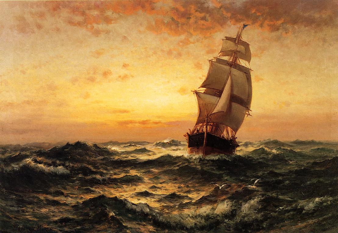 Ship at Sea, Sunset, vintage artwork by Edward Moran, 12x8" (A4) Poster