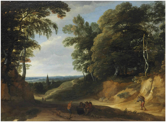 A wooded landscape with figures on a path, a village beyond, vintage artwork by Lodewijk de Vadder, 12x8" (A4) Poster