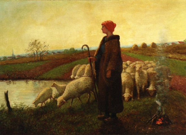 A Shepherdess with her Flock, vintage artwork by Aime Perret, 12x8" (A4) Poster