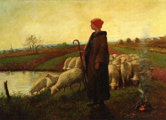 A Shepherdess with her Flock, vintage artwork by Aime Perret, 12x8" (A4) Poster
