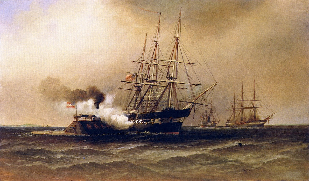 Ramming of the U.S.S. Cumberland by  the Merrimac (C.S.S. Virginia), Hampton Roads, March 8, 1862, vintage artwork by Alexander Charles Stuart, 12x8" (A4) Poster