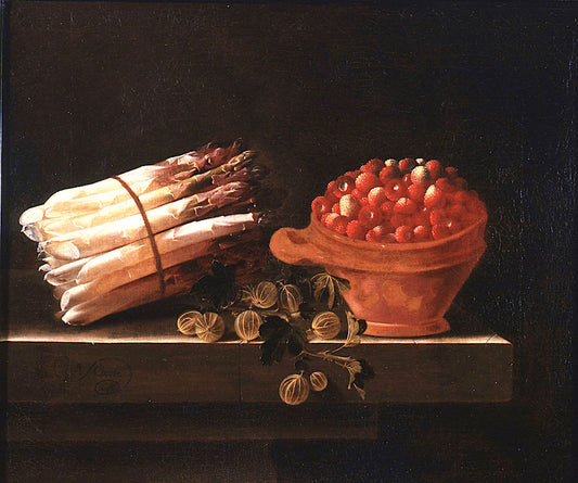 Asparagus, Gooseberries and Strawberries on a Stone Ledge, vintage artwork by Adriaen Coorte, 12x8" (A4) Poster