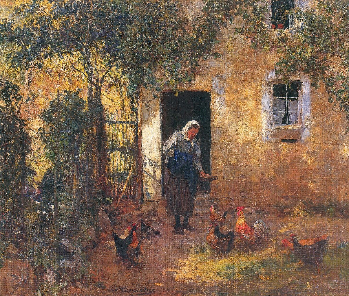 Feeding the Chickens, vintage artwork by Évariste Carpentier, 12x8" (A4) Poster