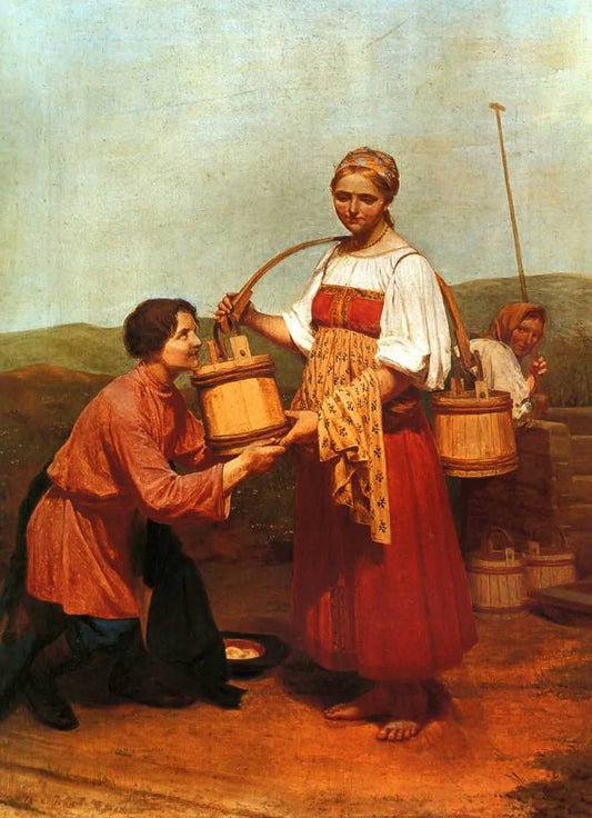 Meeting at the Well, vintage artwork by Alexei Venetsianov, 12x8" (A4) Poster