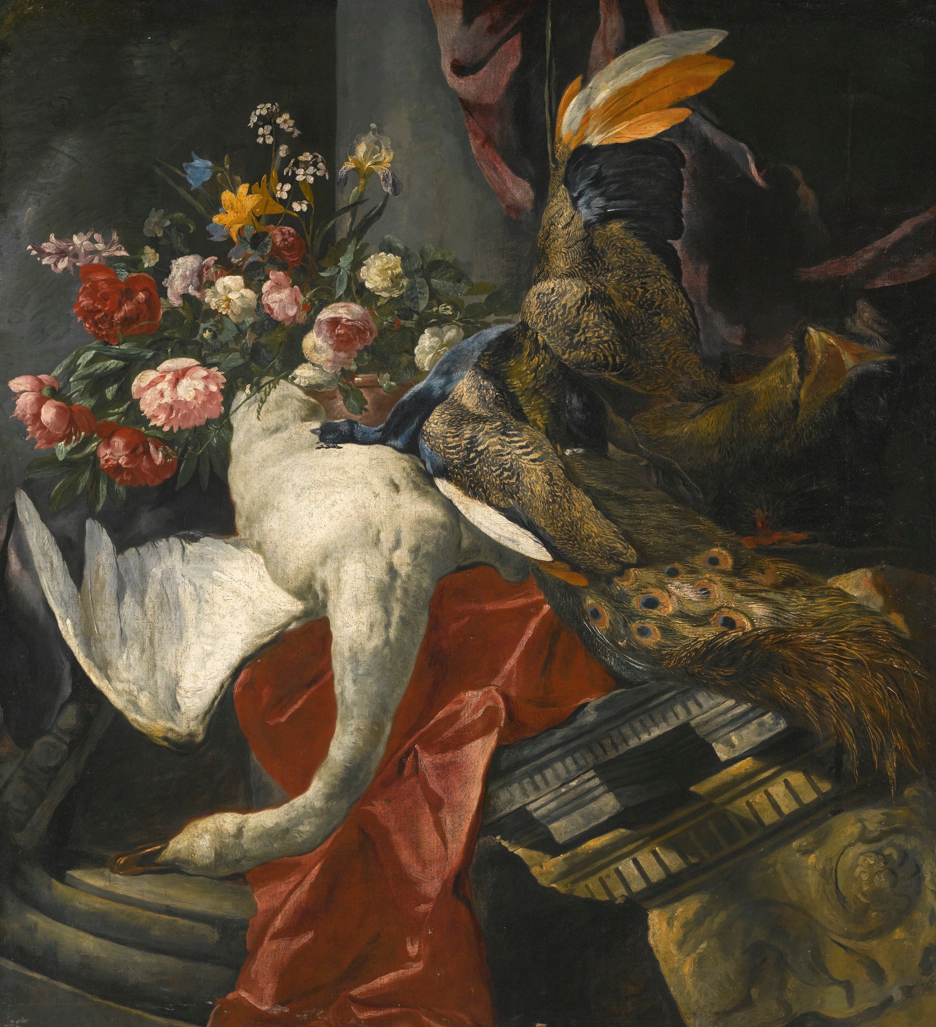 Still Life of Flowers with a Swan, Peacock, and a Boar’s Head, vintage artwork by Pieter Boel, 12x8" (A4) Poster