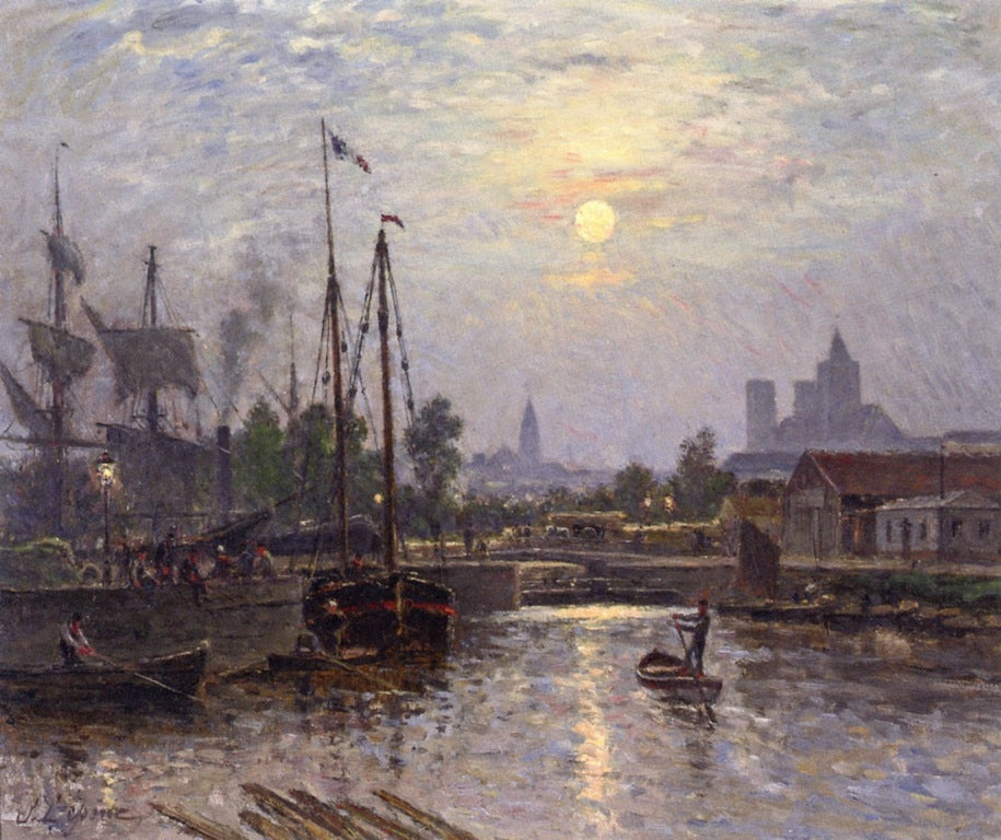 Caen le Long de l'Orne, Cours Caffarelli, Effet de Lune, vintage artwork by Stanislas Lepine, 12x8" (A4) Poster