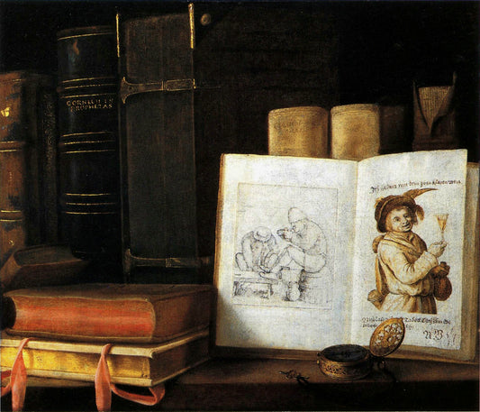 Books and watch, vintage artwork by Sebastien Stoskopff, 12x8" (A4) Poster