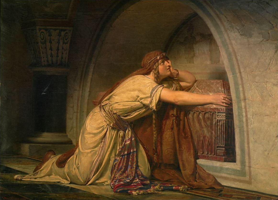 Clotilde at the tomb of her grandchildren, vintage artwork by Sir Lawrence Alma-Tadema, 12x8" (A4) Poster