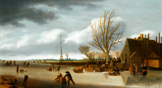 Winter Landscape with a Boy on skates pushing a Sled, vintage artwork by Salomon van Ruysdael, 12x8" (A4) Poster