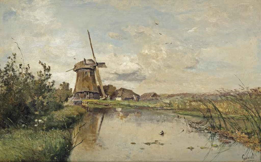 A River Landscape with a Windmill, vintage artwork by Paul Joseph Constantin Gabriël, 12x8" (A4) Poster