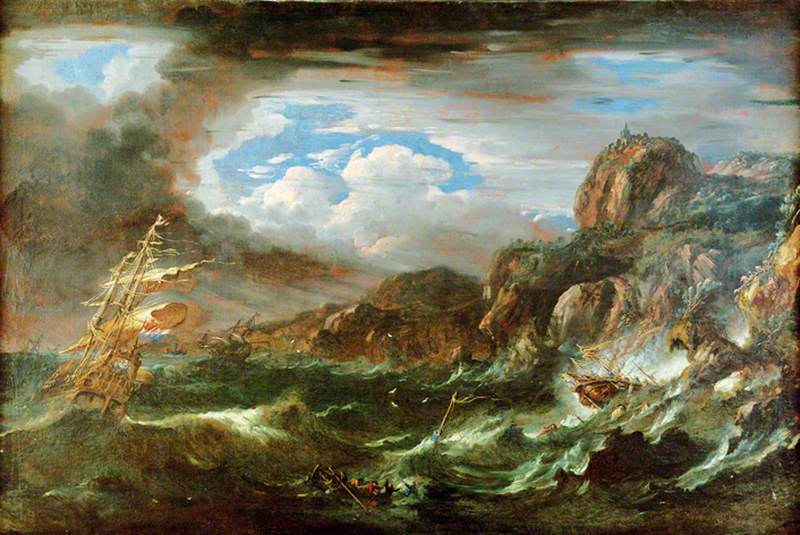 Night Storm at Sea with Dutch Ships Being Wrecked, vintage artwork by Pieter Mulier the Younger, 12x8" (A4) Poster