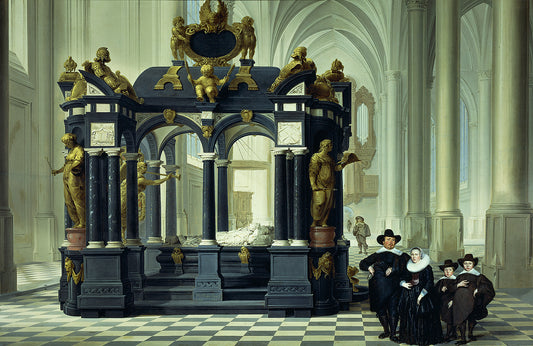 A family beside the tomb of Willem I in the Nieuwe Kerk, Delft, vintage artwork by Dirck van Delen, 12x8" (A4) Poster