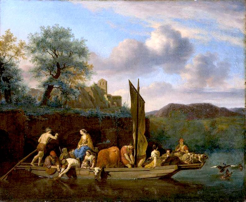 Italian Landscape with Ferry, vintage artwork by Adriaen van de Velde, 12x8" (A4) Poster