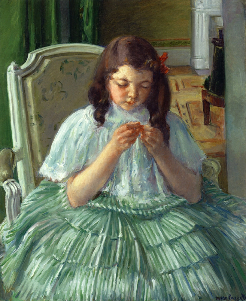 Françoise in Green, Sewing, vintage artwork by Mary Cassatt, 12x8" (A4) Poster