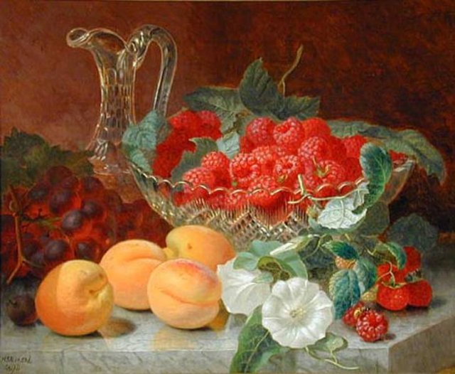 Still Life of Raspberries in a Glass Bowl, vintage artwork by Eloise Harriet Stannard, 12x8" (A4) Poster