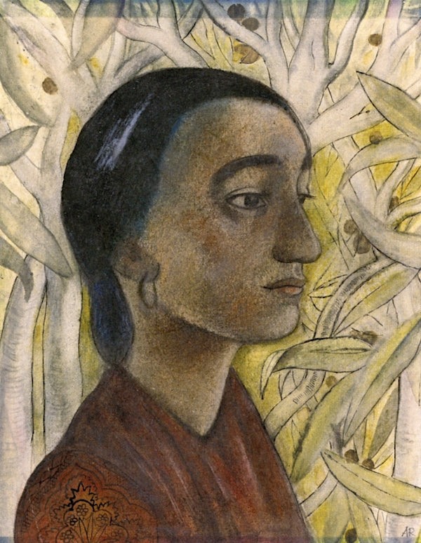 Portrait of Bertha in Profile in front of Exotic Plants, vintage artwork by Anita Ree, 12x8" (A4) Poster