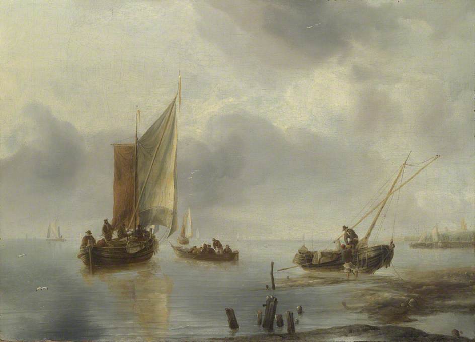A Small Vessel in Light Airs and another Ashore, vintage artwork by Jan van de Cappelle, 12x8" (A4) Poster