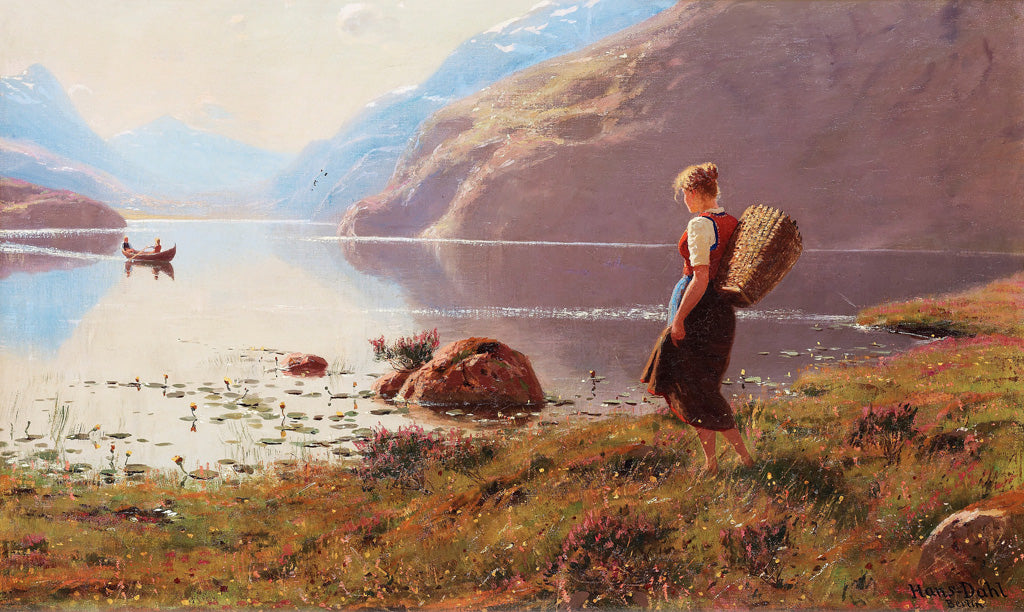 A young girl in a fjordlandscape, vintage artwork by Hans Dahl, 12x8" (A4) Poster