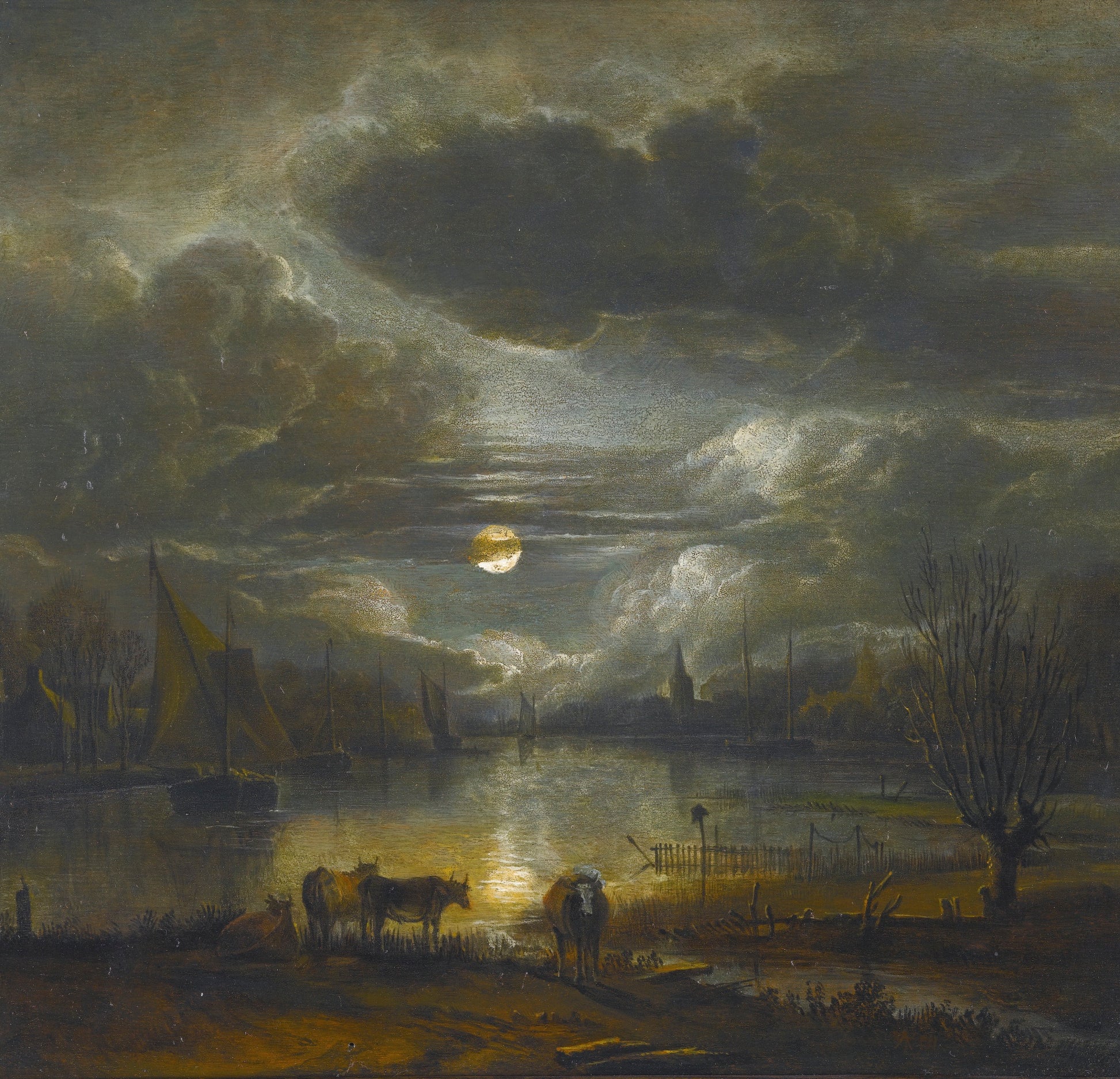 A wide river landscape by  moonlight with four cows, vintage artwork by Aert van der Neer, 12x8" (A4) Poster