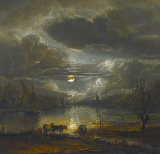 A wide river landscape by  moonlight with four cows, vintage artwork by Aert van der Neer, 12x8" (A4) Poster