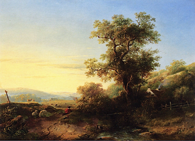 A Shepherd near a Stream in a Sunlit Landscape, vintage artwork by Willem Roelofs, 12x8" (A4) Poster