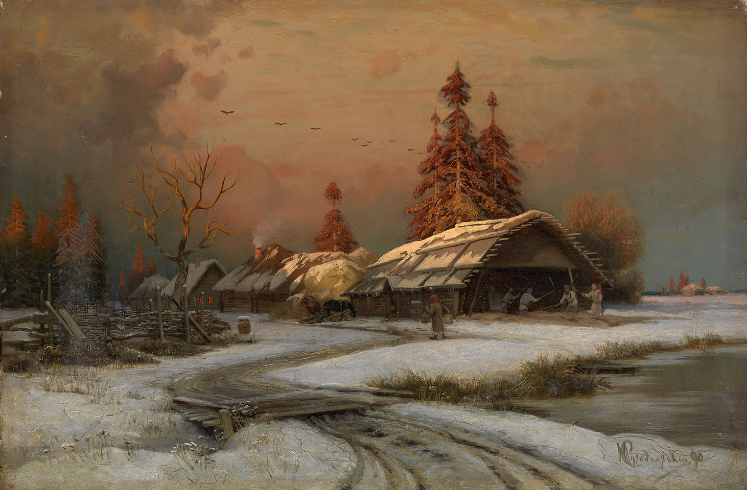Village Scene in Winter, vintage artwork by Petr Sukhodolsky, 12x8" (A4) Poster