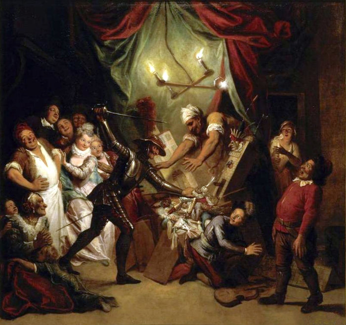 Story of Don Quixote - Don Quixote Attacking the Puppets, vintage artwork by Charles-Antoine Coypel IV, 12x8