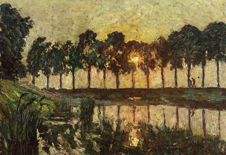 Trees by  a lake, sunset, vintage artwork by Emile Claus, 12x8" (A4) Poster