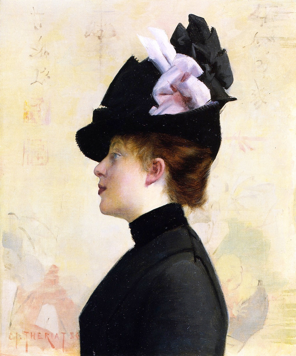 Woman in a Black Hat, vintage artwork by Charles James Theriat, 12x8" (A4) Poster