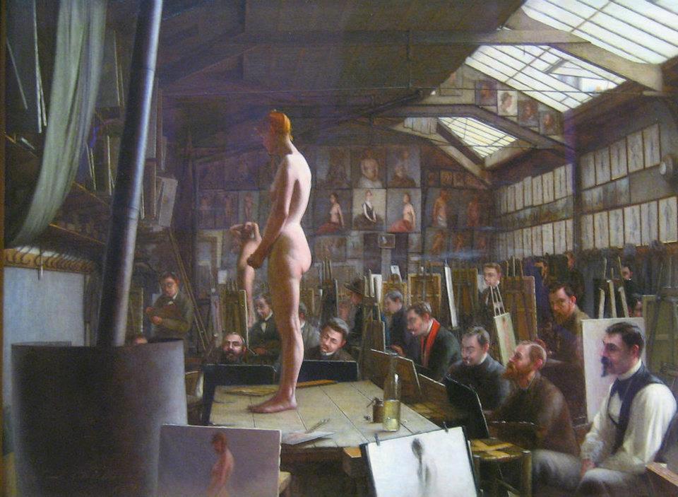 Atelier at the Academy Julian, Paris, vintage artwork by Jefferson David Chalfant, 12x8" (A4) Poster