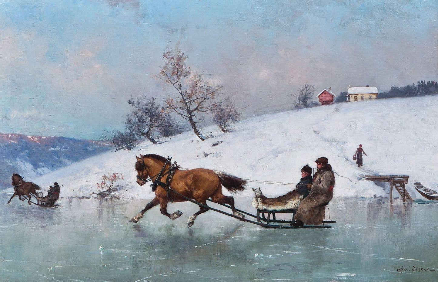 Sledding on the ice, vintage artwork by Axel Hjalmar Ender, 12x8" (A4) Poster